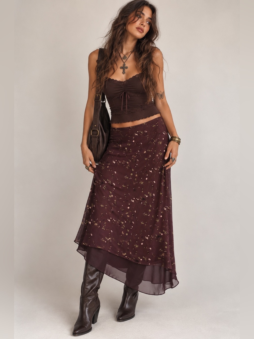 Vintage Y2K 100% Silk Purple Plum Burgundy Whimsigoth Boho Midi Skirt XL i.e.